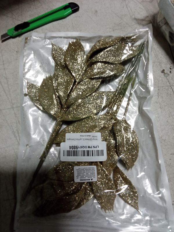 Photo 1 of 20 Pieces Gold Glittered Artificial Leaf Spray Picks 12" Tall for Christmas Winter Wedding Wreath Tree Swag Floral Arrangment Vase Bouquets Table Centerpieces Decoration