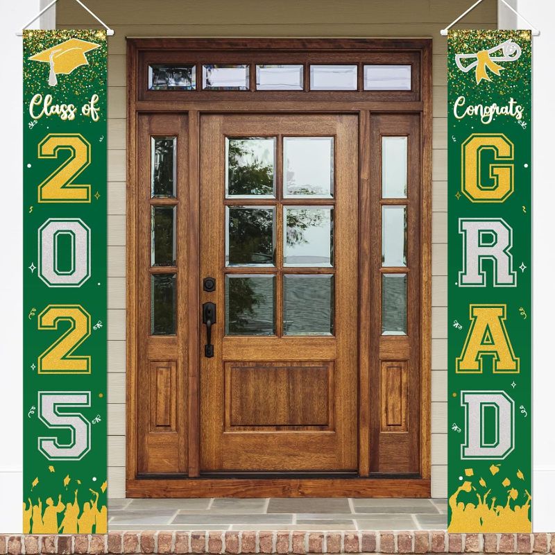 Photo 1 of  2025 Graduation Decorations - Class of 2025 Porch Banner Sign Congrats Grad Porch Banner, Graduation Party Decorations for Home/School Porch Door Sign (Green & Gold) 