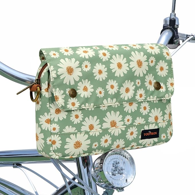 Photo 1 of  Bike Bag Waxed Canvas Bicycle Handlebar Bag Zipper Closure Pouch Crossbar Front Frame Basket Cycling Saddebag Under Seat Strap-on Rear Rack Pannier (Light Green with Flower)