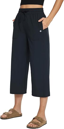 Photo 1 of  baleaf Women's 21" Wide Leg Pants Capris Athletic Casual with Pockets Drawstring Quick Dry Walking Workout UPF50+ XLARGE