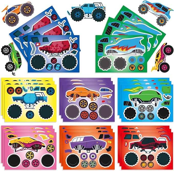Photo 1 of 24 Sheets 8.3''×5.9'' Make Your Own Monster Truck Stickers for Toddlers Kids Party Favors, Make a Face Stickers for Kids Activities Supplies Crafts