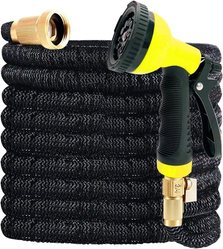 Photo 1 of  J&B XpandaHose 150ft Expandable Garden Hose with Holder - Heavy Duty Superior Strength 3750D - 4 -Layer Latex Core - Extra Strong Brass Connectors and 10 Spray Nozzle w/Storage Bag (Black 150) 