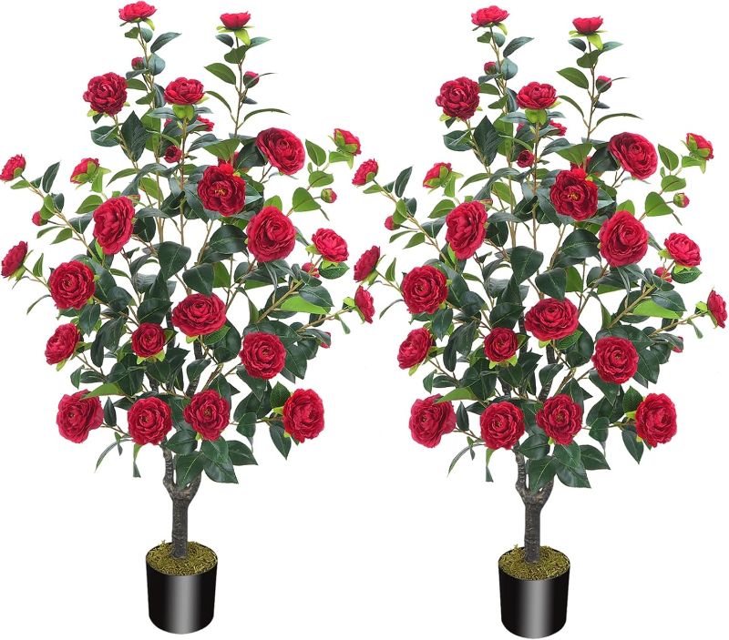 Photo 1 of  3.6FT Artificial Camellia Fake Tree, Artificial Plants & Flowers with 32 Red Flowers for Door Front Decoration Porch Patio Living Room Office Indoor Outdoor Decor (2PCS Contains Dried Moss) 
