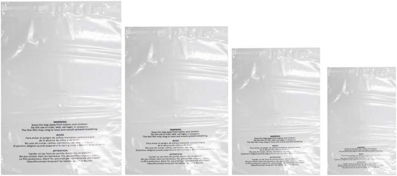 Photo 1 of **MISSING COUNT**
400 Count Combo Pack Warning Bags - 6x9, 8x10, 9x12, 11x14 Inch Self Seal Clear Poly Bags with Suffocation Warning with Permanent Adhesive, Strong Adhesive, Not Resealable (1.5mil) 