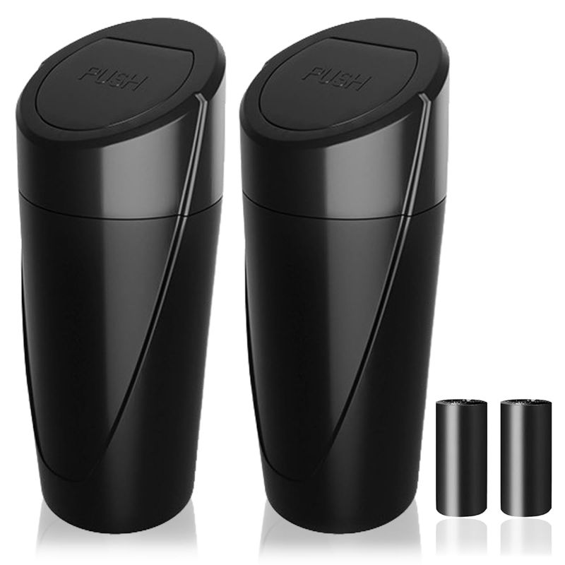 Photo 1 of  Car Trash Can Bin with Lid - 2 Packs Garbage Can Cup Holder - Black Mini Leakproof Vehicle Trash Bin with 40pcs Trash Bags - Car Organizers and Storage for Front Back Seat Accessories 