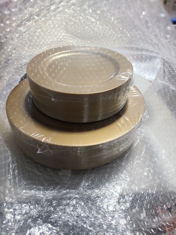 Photo 1 of I00000 102 Pieces Solid Gold Disposable Plates, Gold Plastic Plates, Premium Plastic Party Plates Includes: 51 Dinner Plates 10.25 Inch and 51 Salad/Dessert Plates 7.5 Inch