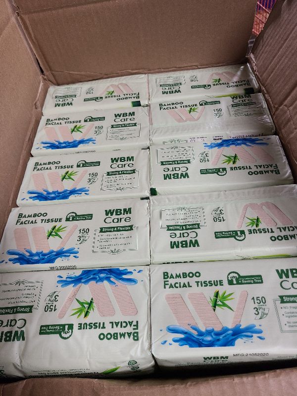 Photo 1 of WBM Care Bamboo Facial Tissues, Bulk Box of 10 Packs, 150 Sheets Each, Total 1,500 Sheets, Soft and eco-friendly, perfect for everyday use, great value