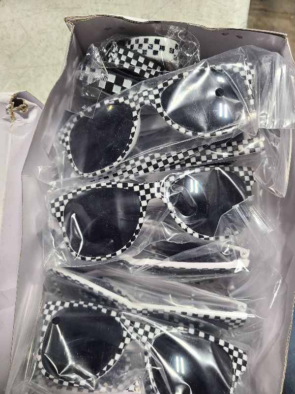 Photo 1 of 24 PCS Race Car Sunglasses Wristbands for Racing Theme Party Favors Set Race Car Checkered Sunglasses Black and White Checkered Rubber Bracelets for Summer Pool Racing Theme Birthday Gifts Supplies