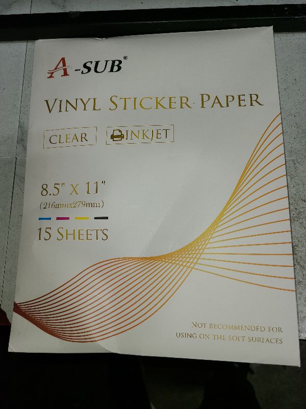 Photo 1 of A-SUB Clear Sticker Paper for Inkjet Printers - Waterproof Transparent Printable Vinyl Sticker Paper - 15 Sheets 8.5x11 Inch Glossy Clear Label Paper for Custom Stickers, Decals
