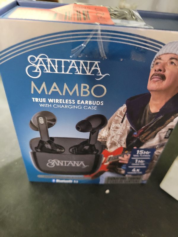 Photo 1 of Mambo by Carlos Santana, True Wireless Earbuds Bluetooth Headphones with Charging Case, Bluetooth Earbuds with Voice Isolating Microphone, Deep Bass Stereo Headsets for Sports & Gaming (Black)
