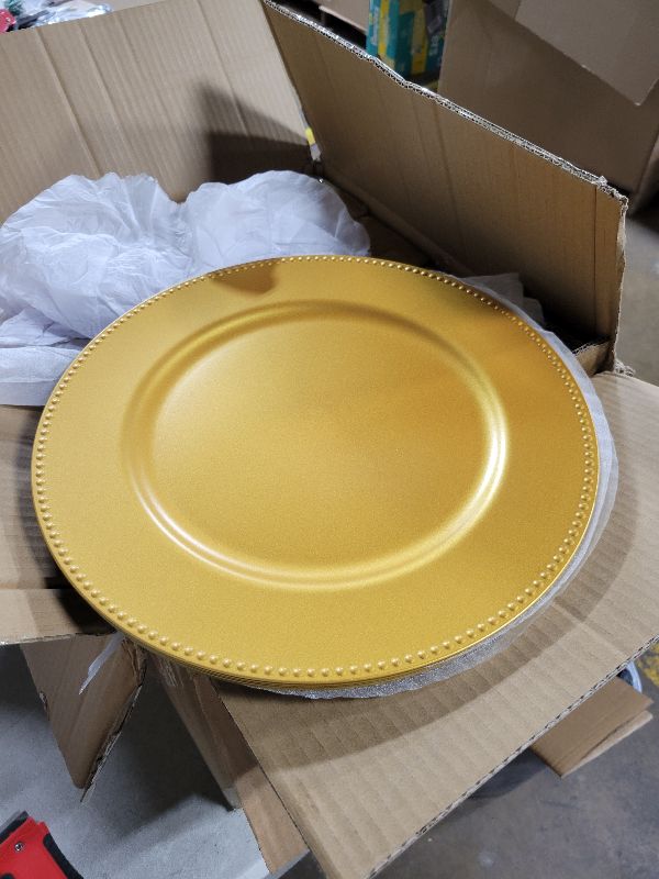 Photo 1 of ACSUIT 100 Pcs Gold Charger Plates Bulk 13 Inch Plastic Round Dinner Plate with Beaded Rim Reusable Charger Service Plates Reliable Dinner Chargers Plate for Christmas Wedding Party