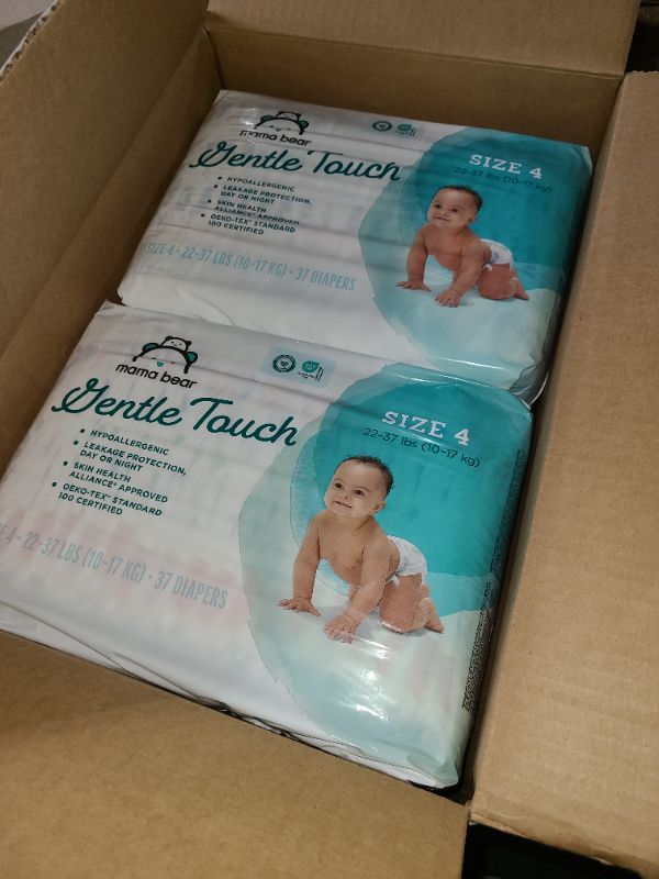 Photo 1 of Amazon Brand - Mama Bear Gentle Touch Diapers, Hypoallergenic, Size 4, 148 Count, 4 Packs of 37, White