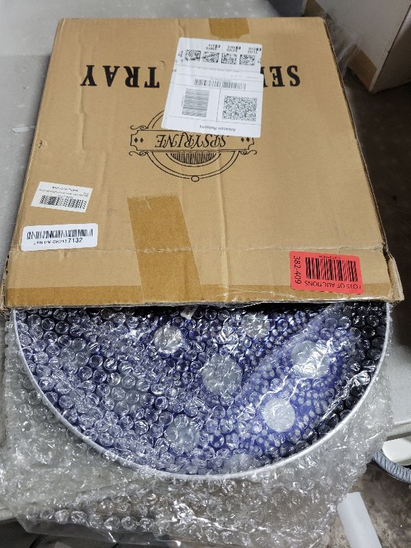 Photo 1 of Spsyrine Blue & Silver Round Serving Tray with Handles, 13" Decorative Ottoman Coffee Table for Perfume, Living Room, Home Decor.