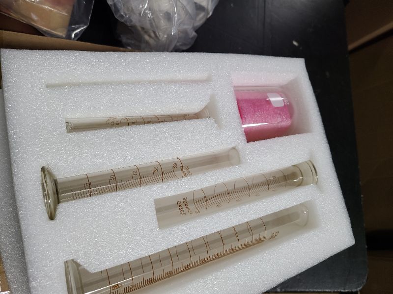 Photo 1 of SUPERLELE Glass Graduated Cylinder Set 10ml 25ml 50ml 100ml, Thick Glass Beaker Set 50ml 100ml 250ml with 2 Droppers