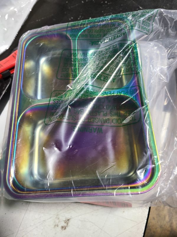 Photo 1 of AIEVE Stainless Steel Kids Plates, 4 Pack Stainless Steel Portion Control Plate with Lids for Toddler 3 Compartment Non-Toxic (Rainbow)