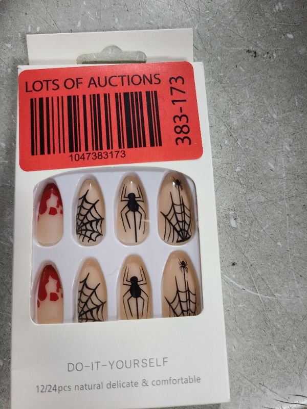 Photo 1 of 24Pcs Halloween Press on Nails Medium Almond Fake Nails Spider & Spider Web Artificial Nails with Blood Drop Design Full Cover Black Glossy False Nails Acrylic Stick on Nails for Women Girl