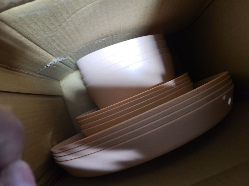 Photo 1 of EI 12pcs Pink Wheat Straw Plates,Wheat Straw Dinnerware Set for 4,Plates and Bowls Sets,Plastic Plates Reusable,Unbreakable Plastic Plate,Melamine Plates,Camping Family Dishes Set
