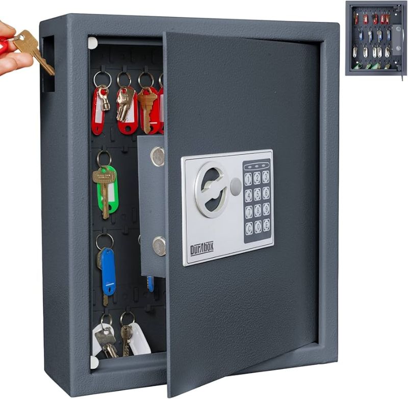 Photo 1 of 40 Keys Cabinet with Digital Lock - Electronic Key Safe, Steel Lock Box with Drop Slot for Key Returns and Safe Storage - Wall Mountable Key Lock Box with Bolts, Key Tags (Dark Grey) 