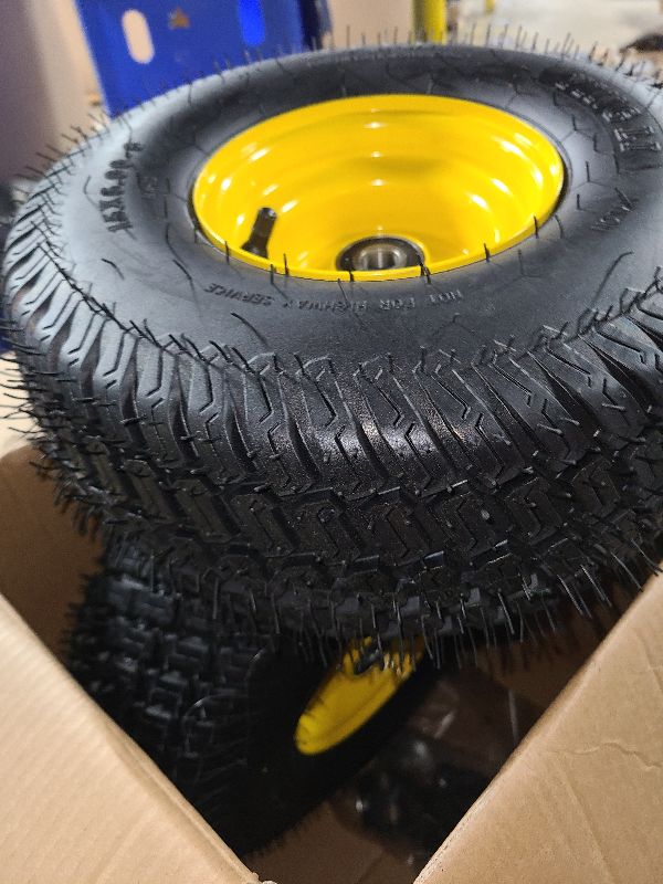 Photo 1 of 15x6.00-6 Tire and Wheel, 15x6.00-6 Lawn Mower Tires, 15x6-6 Front Tire Assembly Compatible with John Deere/Cub Cadet Riding Mowers, 3" Offset Hub 3/4" Bearings, 570lbs Capacity, Tubeless