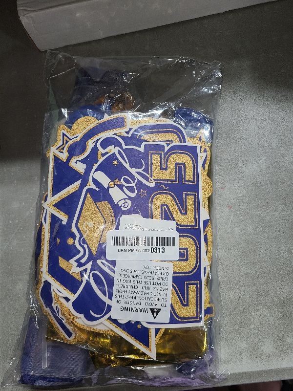 Photo 1 of Graduation Party Decorations Blue and Gold 2025 Graduation Party Supplies Include Banner, Hanging Swirls, Porch Sign, Foil Fringe Curtain, Paper Pompoms, Balloons for Congrats Grad Party Decorations