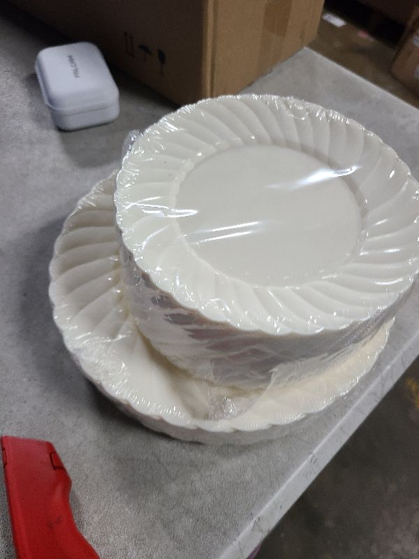 Photo 1 of U-QE 100 Piece Ivory Scalloped Plastic Plates for Party - Plastic Plates Disposable Heavy Duty - High End Disposable Plates for Party Including 50PCS 9'' & 50PCS 6.5''