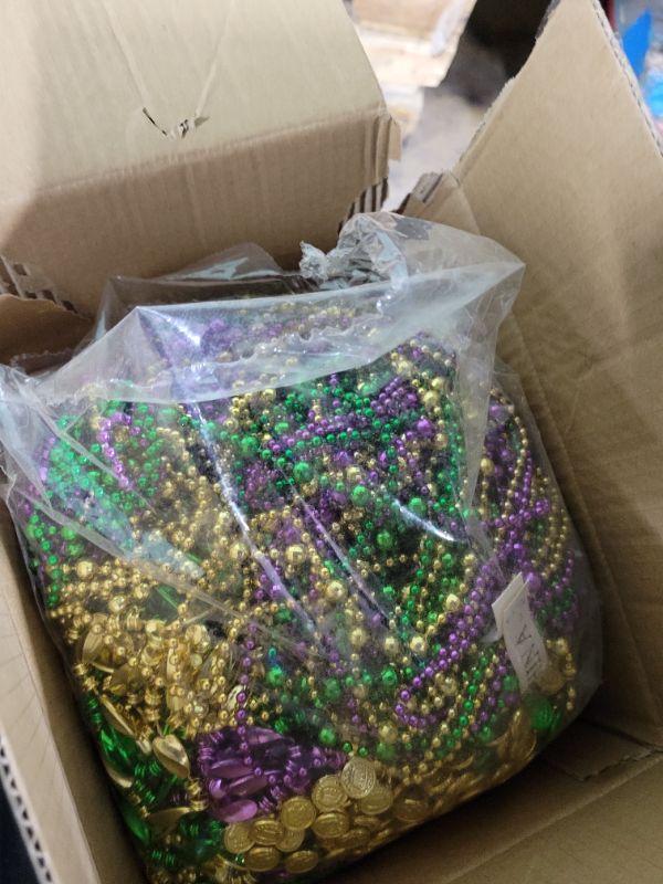 Photo 1 of 4E's Novelty Bead Assortment Mardi Gras Beads Bulk (100 Pcs) Metallic Purple Gold Green Assorted Designs, Masquerade Costume Party Favors Supplies Decorations