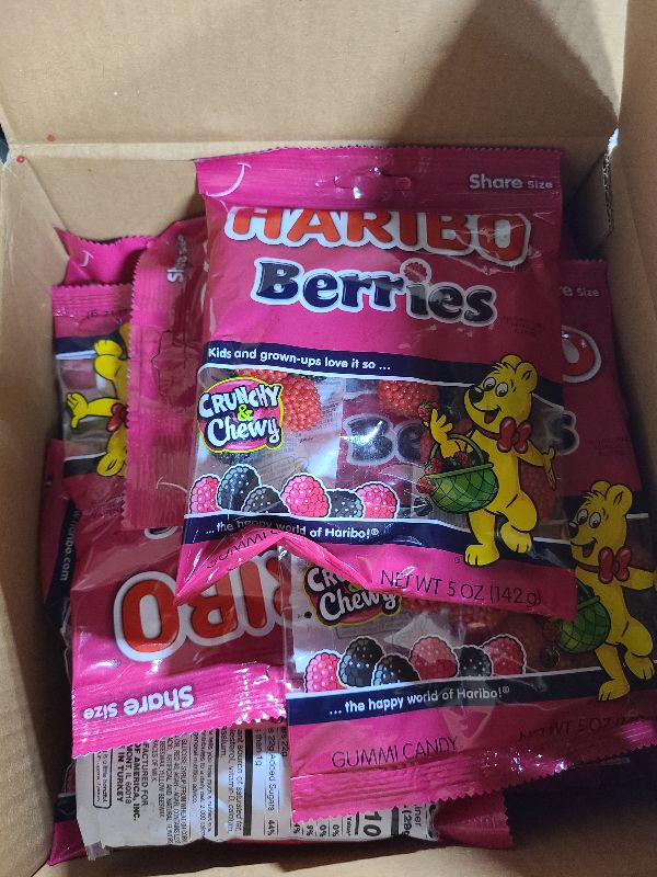 Photo 1 of HARIBO Gummi Candy, Berries Gummy Candy, 5 Ounce Share Size Bags (Pack of 12) Delicious Soft & Crunchy, Chewy Sweet Snacks, Red & Black Berry Fruit Flavor