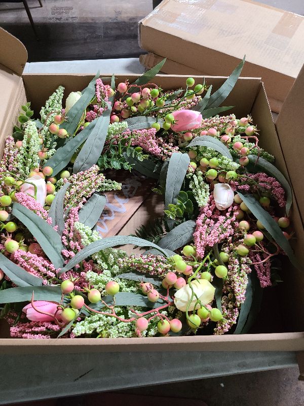 Photo 1 of 24 Inch Tulip Wreaths for Front Door with Tulip,Berries,Boxwood and Cattails Welcome Front Door Wreath, Porch, Window - Green Decor for Home, Farmhouse - Spring, Summer, Fall, All Seasons