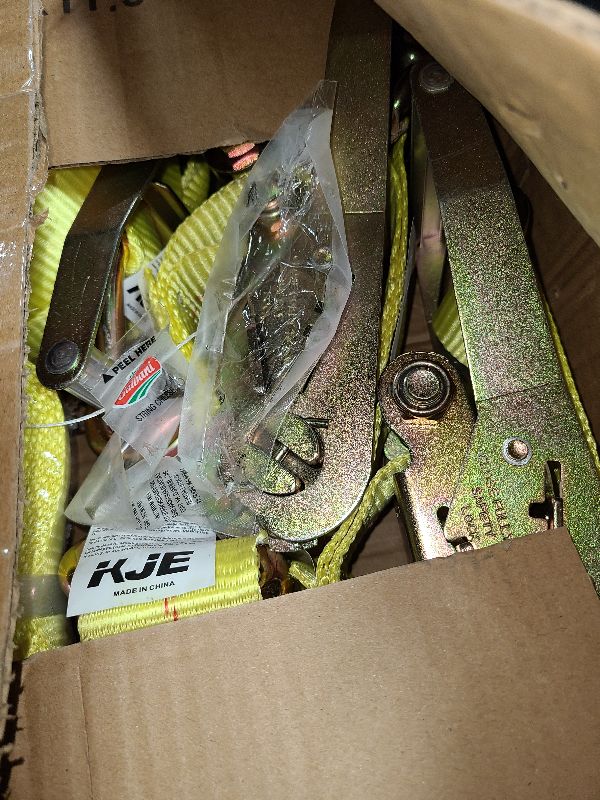 Photo 1 of KJE Ratchet Straps Heavy Duty(4 Pack), 2" x 15' Ratchet Strap 10,000 Lbs Max Break Strength, Tie Down Ratcheting with J-Hook, Cargo Straps for Truck, Trailer, Moving Appliances