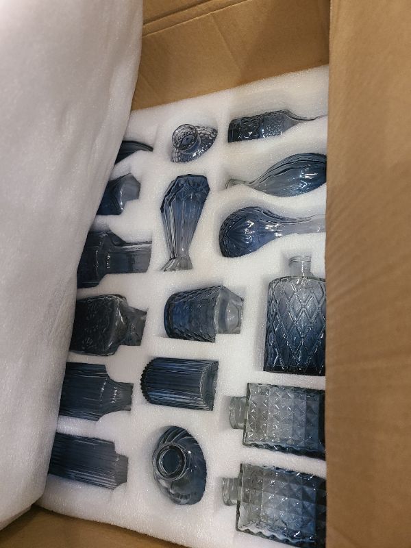 Photo 1 of 36pcs  Vases Set Small Vintage Glass Bottles Bud Vases in Bulk Multiple Shape Cute Glass Vases for Rustic Wedding Centerpieces Table Decorations and Home Decor(Blue)