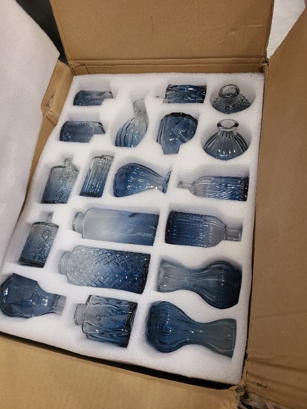 Photo 1 of 36pcs  Vases Set Small Vintage Glass Bottles Bud Vases in Bulk Multiple Shape Cute Glass Vases for Rustic Wedding Centerpieces Table Decorations and Home Decor(Blue)