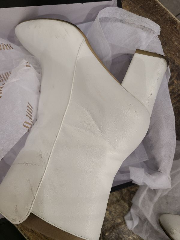 Photo 1 of IDIFU Women's Ada Fashion Square Toe Ankle Boots Low Block Heel Short Boots Side Zipper Booties Shoes- Half Size Larger (White Pu, 8 M US)