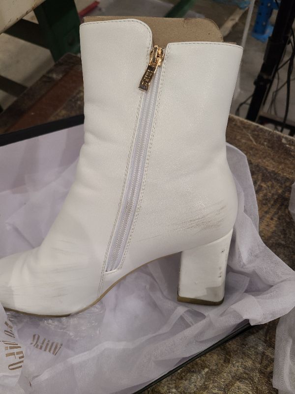 Photo 1 of IDIFU Women's Ada Fashion Square Toe Ankle Boots Low Block Heel Short Boots Side Zipper Booties Shoes- Half Size Larger (White Pu, 8 M US)