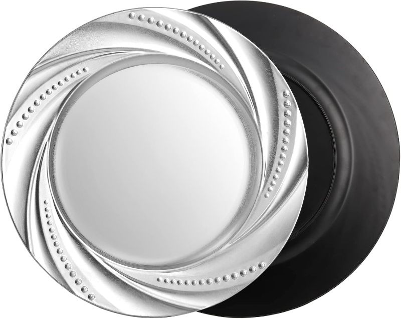 Photo 1 of ZENFUN 12 Pack Plastic Silver Charger Plate, 13" Round Chargers Plate Decorative Dinner Chargers, Embossed Charger sServing Plates for Wedding, Catering Event, Tabletop Decor