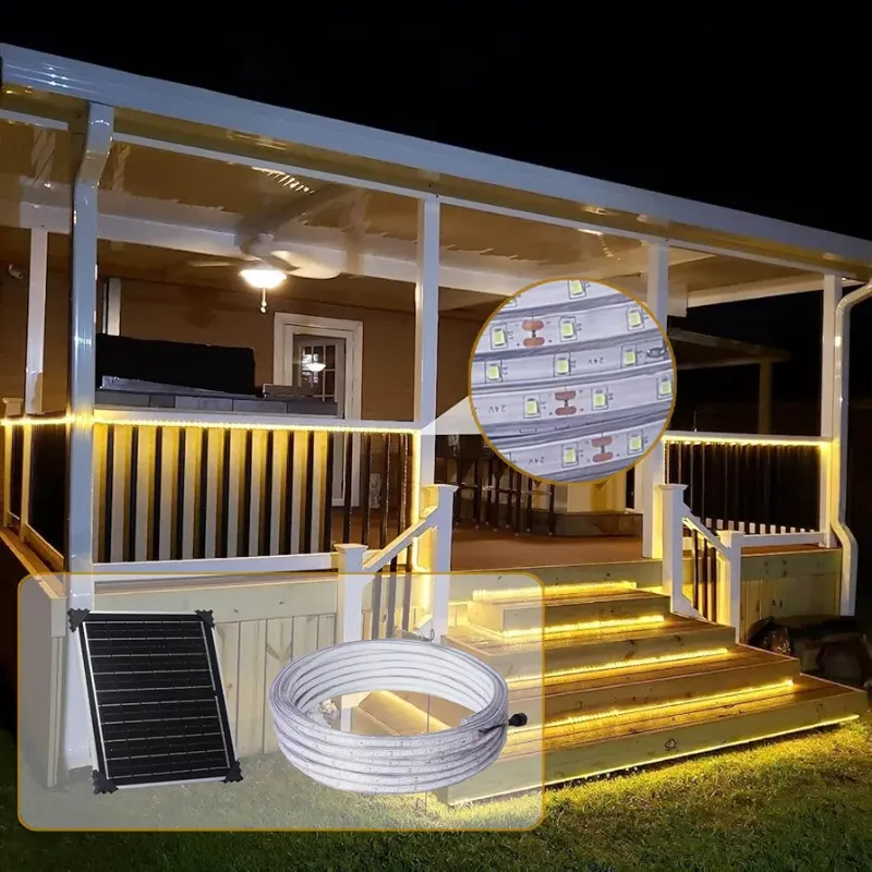 Photo 1 of 65.6ft Solar LED Strip Light Three Color Adjustable (Daylight White, Neutral White, Warm White) Waterproof Flexible Neon Lamp, Used for Outdoor Stairs Balcony Fence Courtyard Decoration