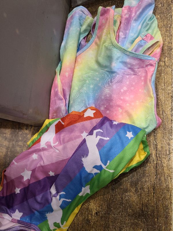 Photo 1 of 2 Packs Gymnastics Leotards for Girls Scoop Neck With Shorts, Little Kids Skinny Durable Dance Workout Unitards Biketards Tanks Raibow Unicorn 10-11 Years