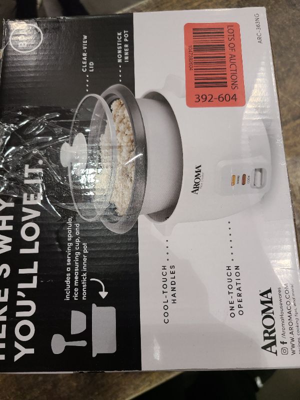 Photo 1 of Aroma Housewares Aroma 6-cup (cooked) 1.5 Qt. One Touch Rice Cooker, White (ARC-363NG), 6 cup cooked/ 3 cup uncook/ 1.5 Qt.
small dent on bowl