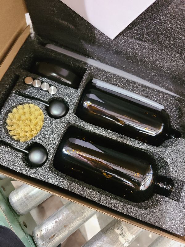 Photo 1 of [Luxury] Kitchen Soap Dispenser Set - 16OZ Amber Glass Bottle, Stainless Steel Pump, Instant Dry Tray, Waterproof Labels, Non-Slip Silicone Pad, and Dish Brush | Upgrade for Your Kitchen and Bathroom
