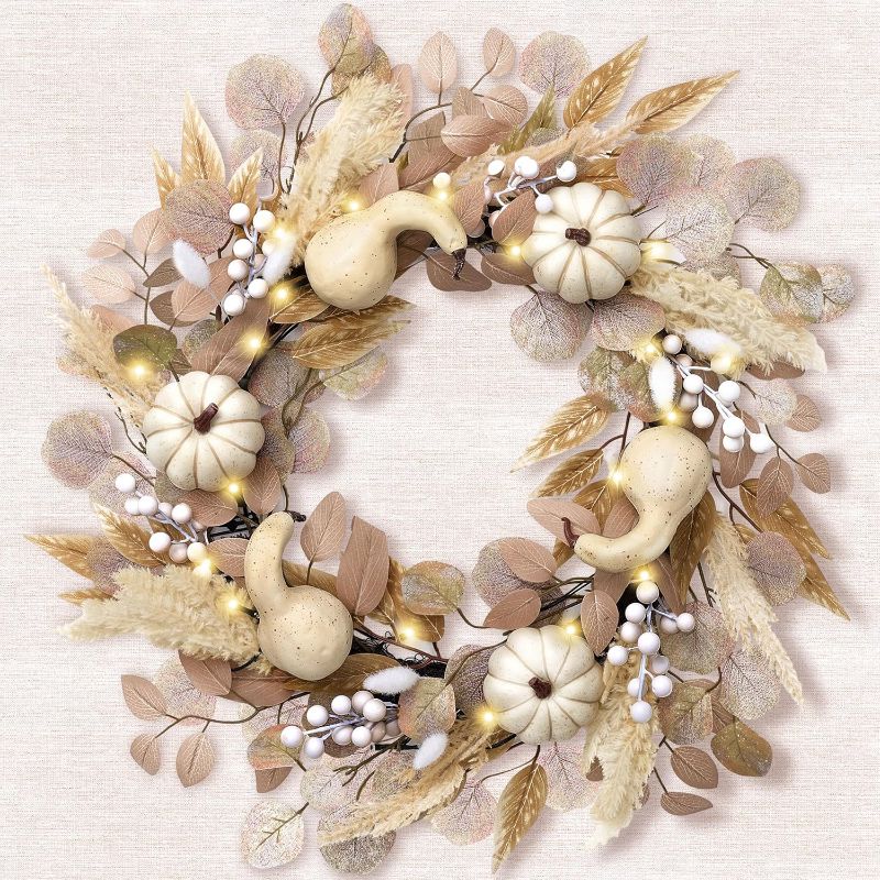 Photo 1 of  Valery Madelyn 24'' Collapsible Thanksgiving Wreaths for Front Door, Autumn Harvest Pumpkin Decor with Lights for Cozy Home, Beige Eucalyptus Pampas Grass Wreath for Fall Table Centerpiece 