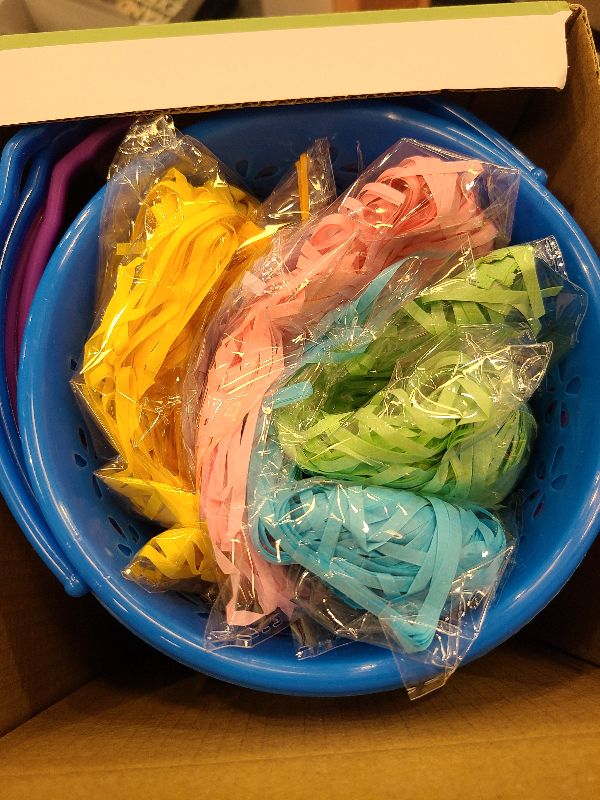 Photo 1 of 12 Pack Easter Baskets for Kids, Plastic Easter Bags with Handles, Easter Bucket Bags Filled with Grass for Easter Egg Hunt, Perfect Theme Party Favors