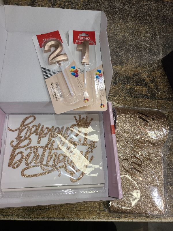 Photo 1 of 21st Birthday Decorations for Her, Including 21st Birthday Sash and Tiara, Cake Topper, Candles, 21 Year Old Gifts for Her
