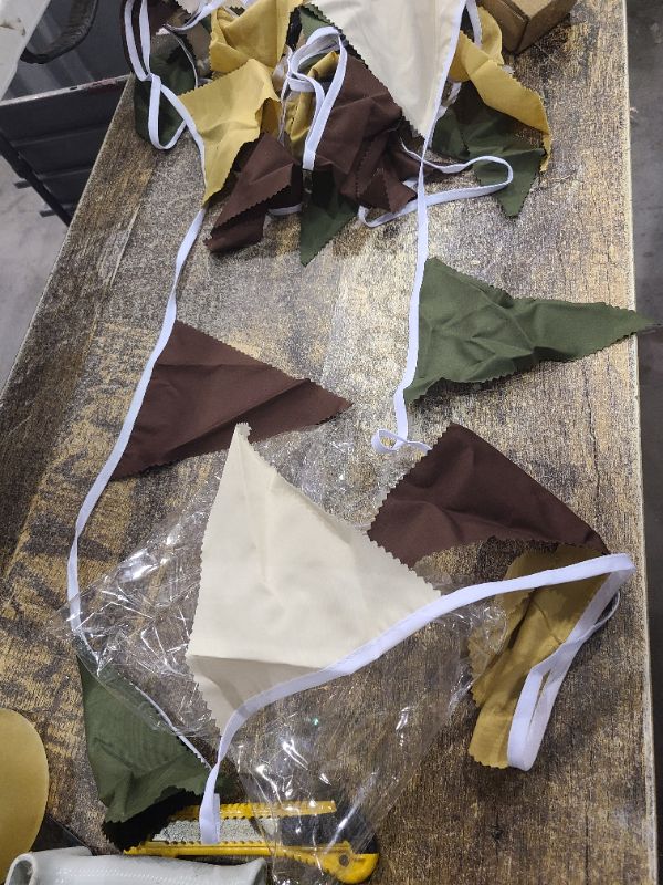 Photo 1 of 32Ft Woodland Party Decorations Olive Green Tan Brown Cream Neutral Triangle Flag Fabric Banner Pennant Bunting Garland Streamers for Birthday Wedding Baby Shower Jungle Safari Camping Party Decor