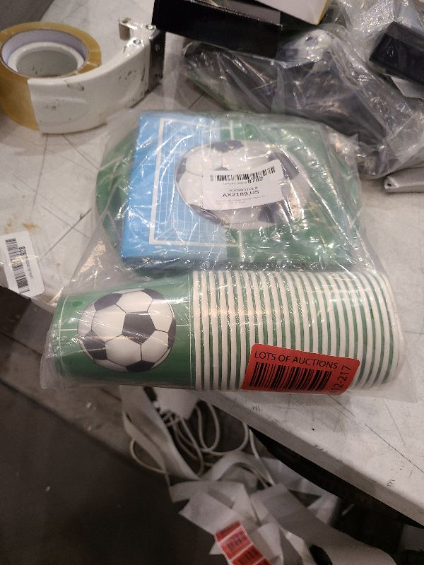 Photo 1 of ADXCO 96-Piece Soccer Party Supplies - Themed Tableware Including Plates, Cups, Napkins for Soccer Birthday Decorations, Serves 24 Guests