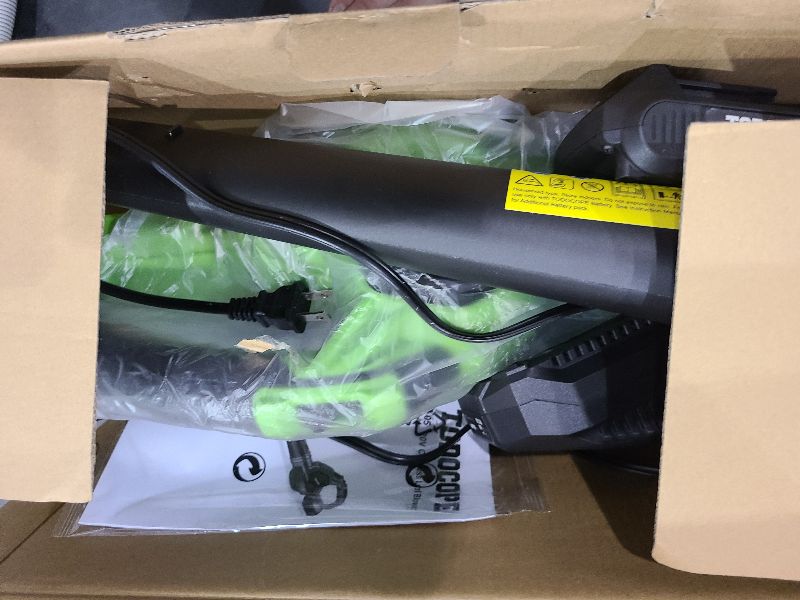 Photo 1 of TODOCOPE 20V Cordless Leaf Blower with Battery and Charger, Electric Leaf Blower Vacuum, Battery Leaf Blower Cordless for Lawn, Variable Speed, Lightweight, Quick Charge, Green, (TDC-CB20)
