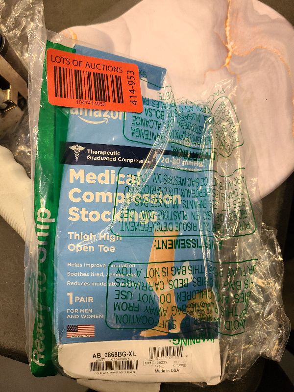 Photo 1 of Amazon Basic Care Medical Compression Stockings, 20-30 mmHg Support, Women & Men Thigh Length Hose, Open Toe, Beige, X-Large (Previously NuVein)