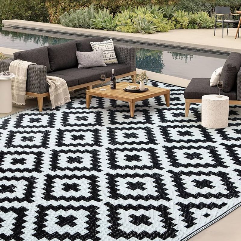 Photo 1 of  Outdoor Rug - 9x12 Clearance Outdoor Camping Carpet Rug for Patio, Waterproof Outdoor Rug Plastic Straw Rug for RV, Backyard, Deck, Picnic(Black & White & S, 9 x 12 Feet)
