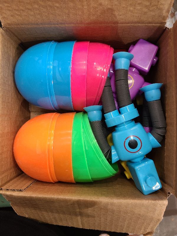 Photo 1 of 4 Pcs 4.7'' Large Easter Eggs with Light Pop Tubes Robot Toys Easter Basket Stuffers Toddler Essential Filled Stress Relief Fidget Telescopic Suction Cup Sensory Toys for Kids Autism Party Favor Hunt