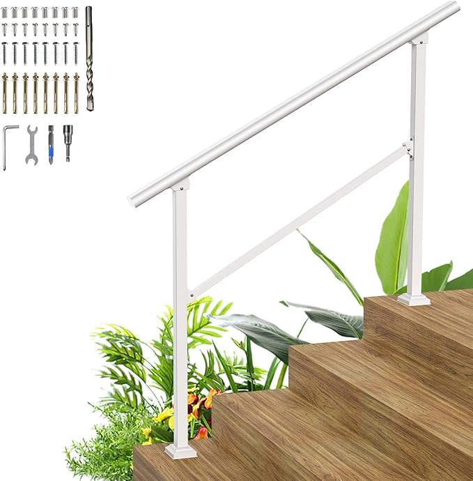 Photo 1 of 4 Steps Heavy Duty Metal Handrail - White Wrought Iron Railing for Wooden & Concrete Steps - Hand Rails for Indoor/Outdoor Use