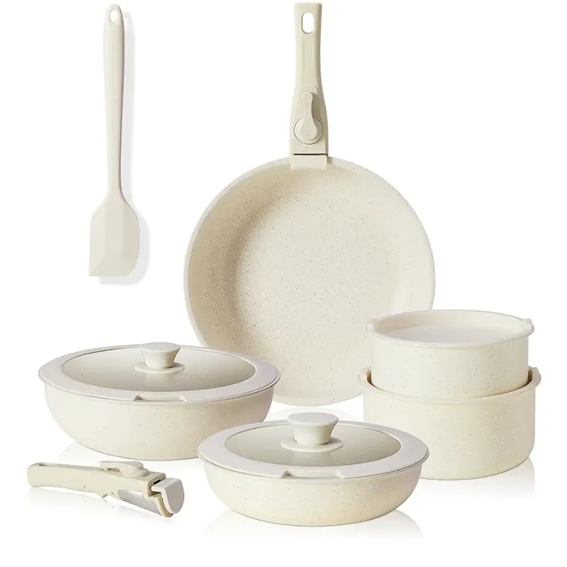 Photo 1 of 12 pcs Pots and Pans Set, Nonstick Kitchen Induction Cookware Suit with Detachable Handle, Dishwasher Oven Safe, Milky White
