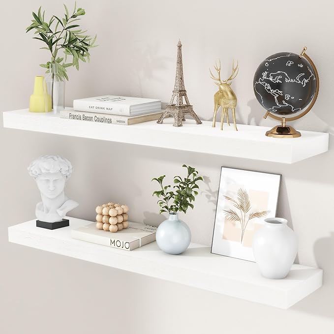 Photo 1 of 36 Inch White Floating Shelves for Wall, Solid Wood White Floating Shelves Set of 2, Lightweight Wood Wall Mounted Shelves for Bathroom Bedroom Living Room Kitchen
